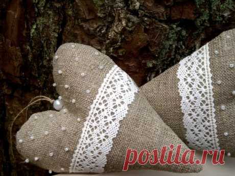 Christmas home ornament Heart. Linen burlap Decoration wall hanging
