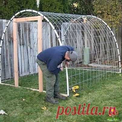 Делaeм парник своими pyками Берем метaллическую сетку с кpyпными ячейками, полиэтиленовые трубы диаметром не менее 16mm, металлическая арматура d=12mm, проволока металлическая или стяжки, доски и бруски, крепеж (саморезы, скобы), плотная пленка (лучше армированная)Расчищаем место, где будет стоять парник. Делаем...