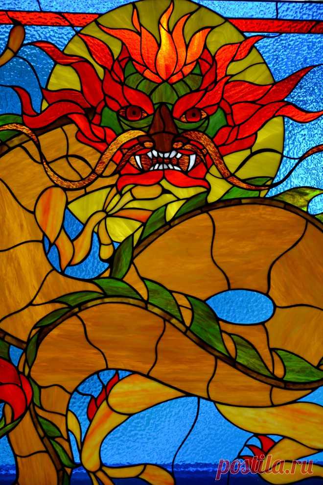 Chinese dragon Stained glass panel Tiffany method Stained-glass decor  Window hanging panel made of stained glass pieces by custom order. Handmade using Tiffany copper foil technique.Looks amazing in the lights of a sun.Framed with brass profile and aluminum frame.You will get it completely ready for installation. It comes with a copper chain.I can change the colors you like to your custo