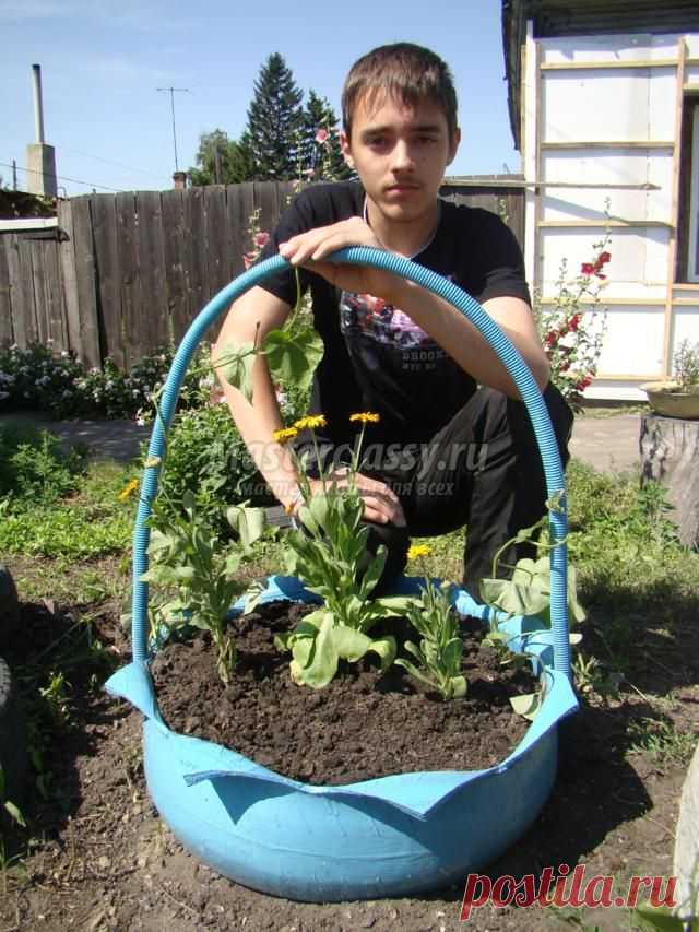 Клумба из покрышки своими руками. Корзина. Мастер-класс с пошаговым фото