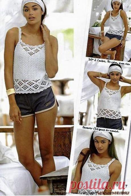 Белый вязаный топ с ромбами и ракушками. Вязание крючком.