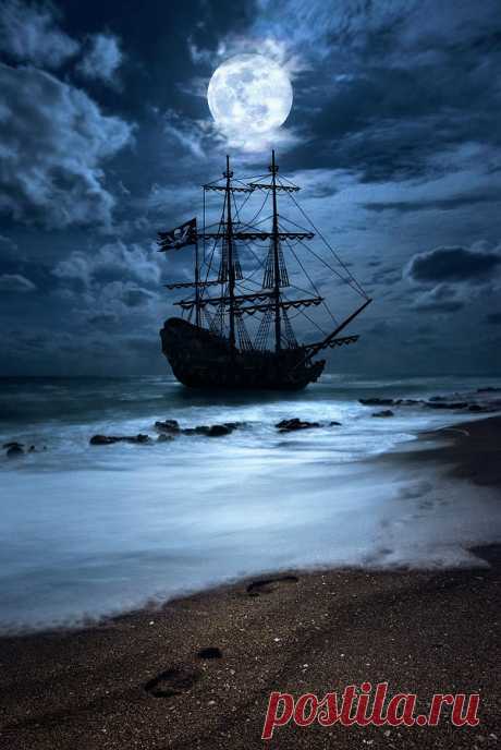 Black Pearl Pirate Ship Landing Under Full Moon by Justin Kelefas Black Pearl Pirate Ship Landing Under Full Moon Photograph by Justin Kelefas