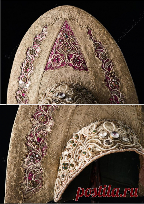 Кокошник. Владимирская губ., г. Муром II-я половина XVIII в. Бархат, золотный галун и нити, фольга, цветные стекла, желтый металл, канитель, дутые бусины под жемчуг, колотый перламутр, золотное шитье, низание Тыльная часть: 38х35 см; высота лицевой части: 18 см; очелье: 8 см