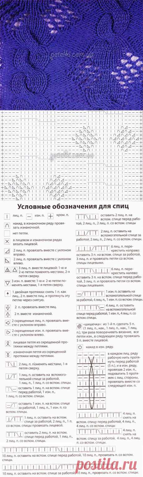 Узор спицами. Жгуты и ажурные ромбы. Схема