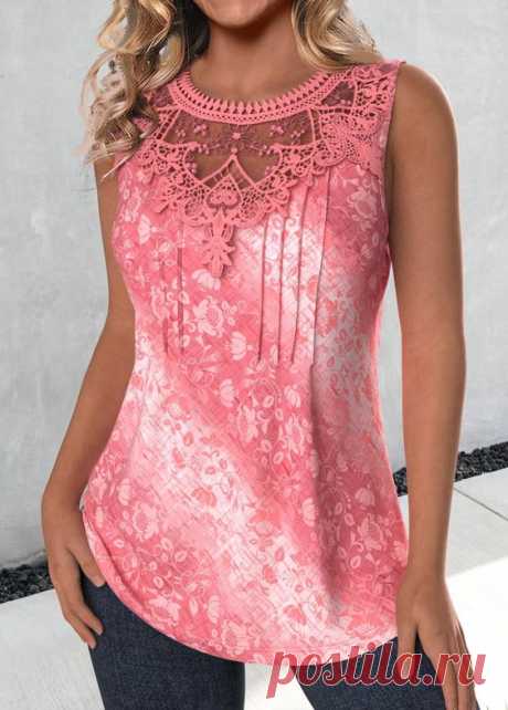 Lace Tribal Print Pink Round Neck Sleeveless Tank Top