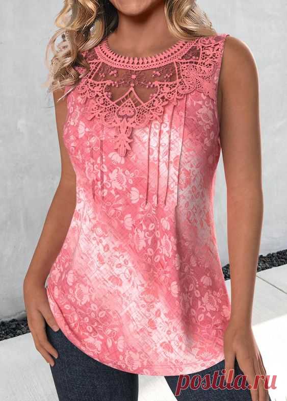 Lace Tribal Print Pink Round Neck Sleeveless Tank Top
