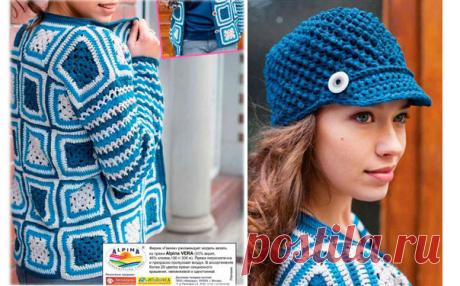 Кардиган и кепка. Схема вязания Кардиган из бабушкиных квадратов и кепка. Схема вязания крючком Оттенки от голубого до синего в комбинации с белым складываются в броские «бабушкины квадраты», из которых получается жакет…