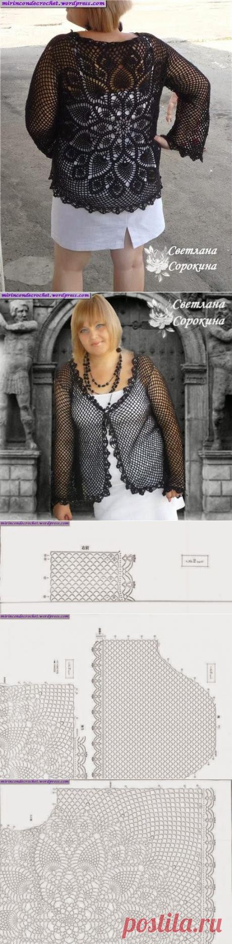 Irish crochet &: Ажурный жакет сеточкой с розеткой на спине.