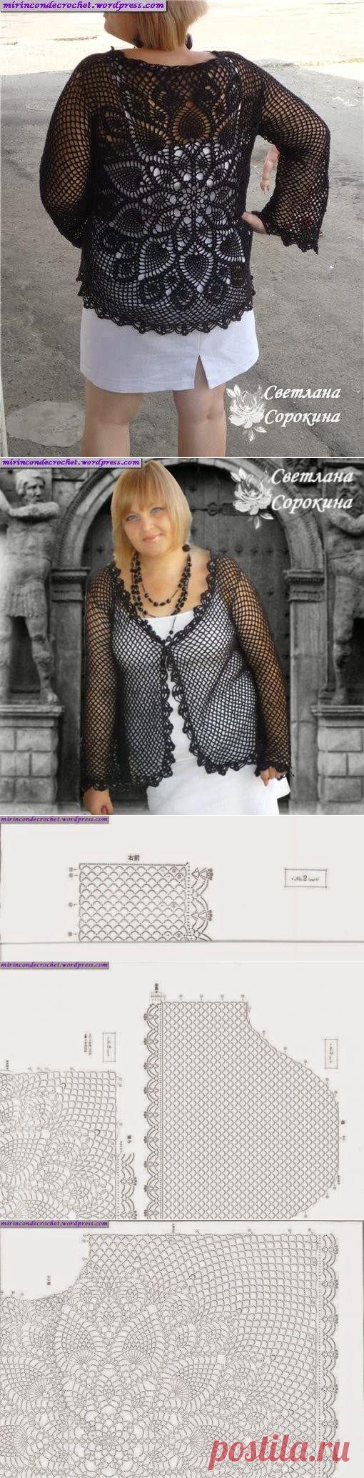 Irish crochet &: Ажурный жакет сеточкой с розеткой на спине.