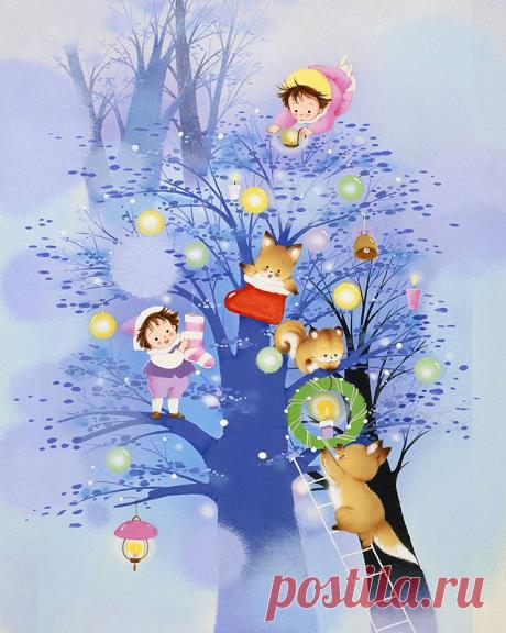 Фея и лиса, кто носит украшение в животных иллюстраций большого дерева