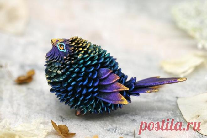 Fluffy Bird Figurine Sculpture Totem polymer clay figures | Etsy