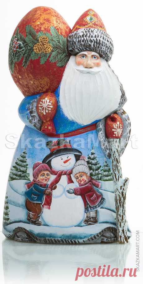 Children Playing With A Snowman - Wooden Santas | Skazkamart