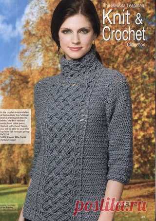 Джемпер крючком с аранами крючком Sexton Braid, Knit’n Style, октябрь 2012. 
Дизайнер: Melissa Leapman. 

Размер: S (M, L, XL, XXL). 

Размеры изделия: 

По груди: 34 (38, 42, 46, 50) дюймов. 
Длина: 24 (24.5, 25, 25.5, 25.5) дюйма. 
Ширина рукава: 13 (13.5, 14, 15, 16.5) дюймов. 
Материалы для вязания джемпера: 

11 (12, 13, 14, 15) мотков по 50 г пряжи Classic Elite Yarns Portland Tweed (50% шерсть, 25% альпака, 25% вискоза) цвета Folkestone 5077 
Крючок 5 мм 
Крючок 5.5...