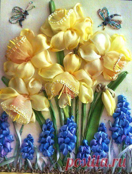 Silk ribbon Daffodils and Hyacynth | embroidery