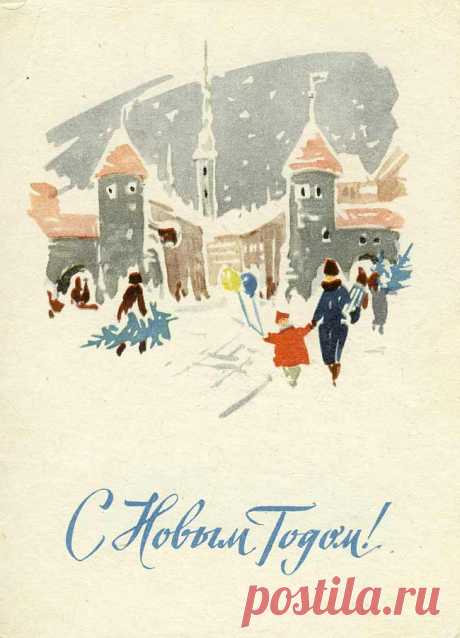 Новогодние открытки советских времён. Зайчики, мишки, флажки.