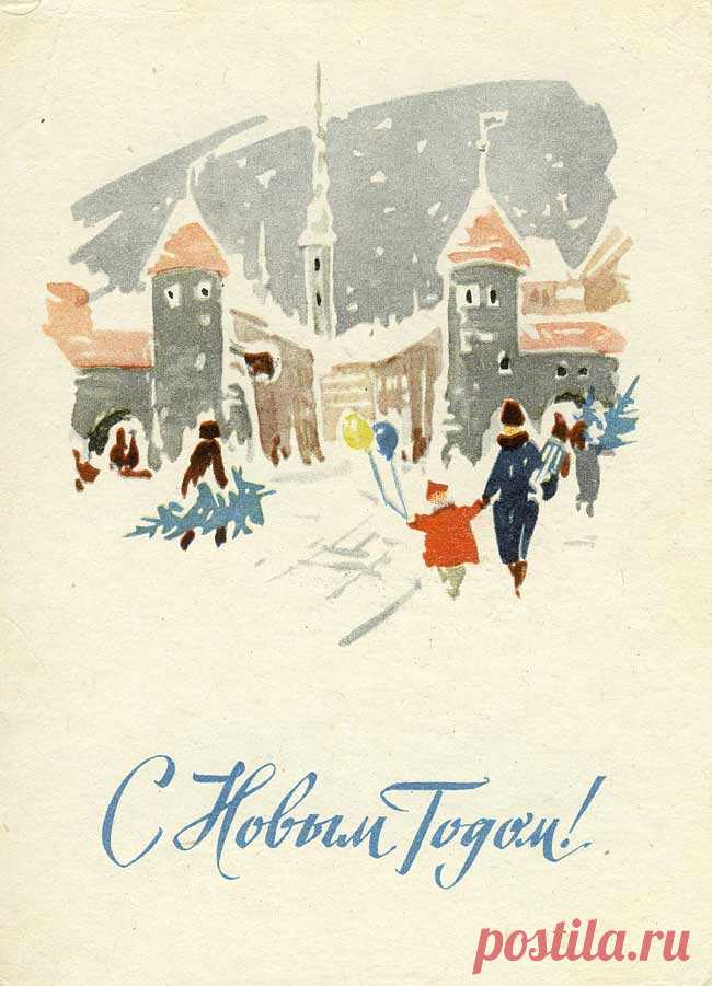 Новогодние открытки советских времён. Зайчики, мишки, флажки.