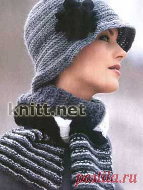 Вязаные шляпка с цветком и шарф в полоску | knitt.net | Все о вязании