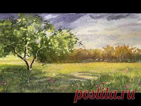 Как рисовать летнее дерево, траву, тучи акварелью. How to paint summer tree, grass, clouds with WC