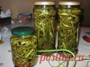 ЧЕСНОК КОНСЕРВИРОВАННЫЙ СТРЕЛКИ ЧЕСНОК КОНСЕРВИРОВАННЫЙ (СТРЕЛКИ) Этот рецепт будет интересен тем,кто имеет свой приусадебный участок, и выращивает чеснок. На дно уложить лист хрена,смородины,положить гвоздику. Затем уложить стрелки чеснока,предварительно порезав ,залить маринадом. Маринад: На 1 литр воды-1 ст. ложка соли,1 /2 ст.ложки сахара,вскипятить. Кипятком залить,перед закаткой добавить: на банку 0,5 литра 1 чайн ложку(можно чуть меньше) 9% уксус.,закрыть.  закуска ...