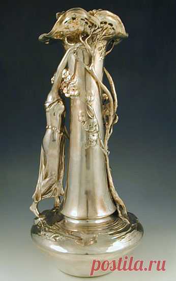 Art Nouveau Silver Plate on Pewter Vase with two Maidens