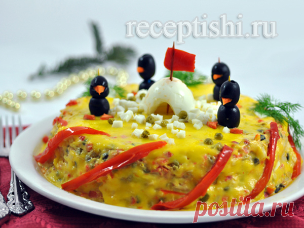 Мясной салат "Пингвины на льдине"