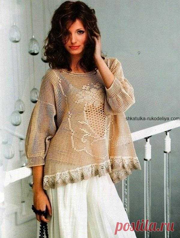 Филейный джемпер крючком в этно стиле. Джемпер свободного силуэта с описание крючком | Шкатулка рукоделия. Сайт для рукодельниц.