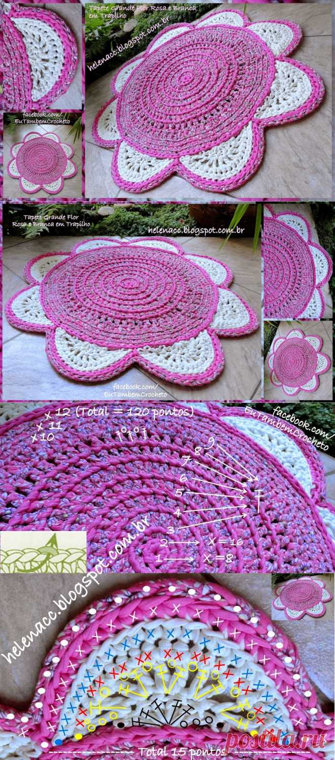 EU TAMBÉM CROCHETO...: Tapete Grande Flor Rosa e Branca em Trapilho