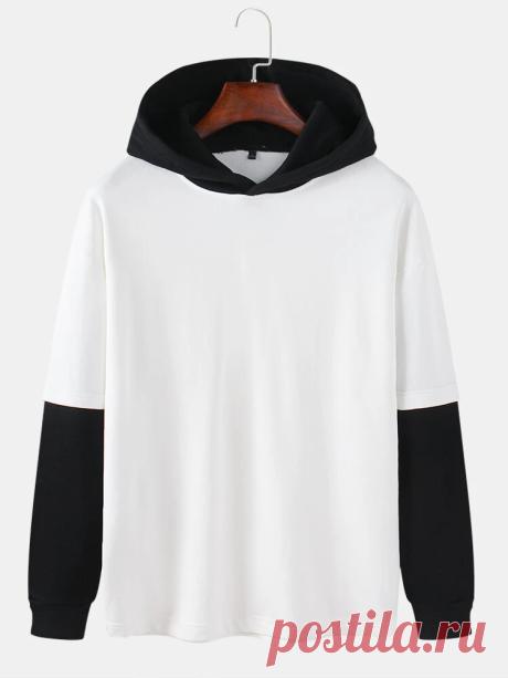 Mens Cotton Solid Color Patchwork Doctor Sleeves Hoodies - US$36.99