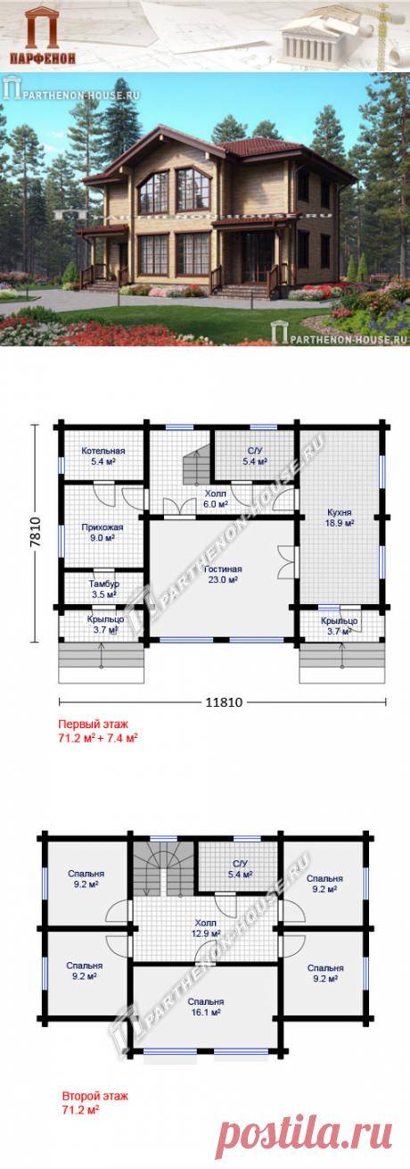 Проект двухэтажного деревянного дома из бруса ПА-142Д

Площадь общая: 142,42 кв.м. + 7,38 кв.м.
Высота 1 этажа: 3,000 м.
Высота 2 этажа: 2,700 м.
Высота дома в коньке: 8,860 м.
Объем внешних стен: 21,700 куб.м.
Площадь крыши: 158,10 кв.м.
Габаритные размеры дома: 11,810 х 7,810 м.
Минимальные размеры участка: 18,00 x 14,00 м. 
Технология и конструкция:
строительство дома из бруса