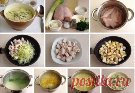 АНГЛИЙСКИЙ КУРИНЫЙ СУП С ПЛАВЛЕНЫМ СЫРОМ
Куриный бульон – 1 литр;
Куриную грудку – 300 грамм;
Рис длиннозёрный – 80 грамм;
Лук-порей – 100 грамм;
Мягкий плавленый сыр – 100 грамм;
Сливочное масло – 2 ст. ложки;
Петрушка свежая – 4 веточки;
Перец чёрный молотый – 1 щепотка;
Соль – по вкусу.
Этот вкусный и питательный суп, заправленный плавленным сыром, может стать единственным блюдом на обед, которое вполне насытит вас на долгое время. Он прост в приготовлении и не требует больших финансовых за