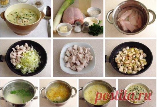 АНГЛИЙСКИЙ КУРИНЫЙ СУП С ПЛАВЛЕНЫМ СЫРОМ
Куриный бульон – 1 литр;
Куриную грудку – 300 грамм;
Рис длиннозёрный – 80 грамм;
Лук-порей – 100 грамм;
Мягкий плавленый сыр – 100 грамм;
Сливочное масло – 2 ст. ложки;
Петрушка свежая – 4 веточки;
Перец чёрный молотый – 1 щепотка;
Соль – по вкусу.
Этот вкусный и питательный суп, заправленный плавленным сыром, может стать единственным блюдом на обед, которое вполне насытит вас на долгое время. Он прост в приготовлении и не требует больших финансовых за