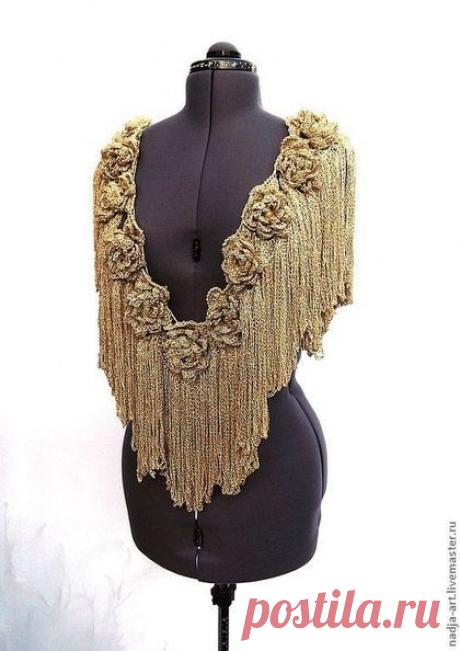 Купить Объемный Вязаный Крючком Шарф Воротник Медь Золото и Розы - купить женский шарф