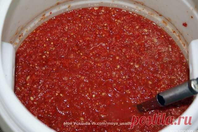 Аджика: 17 рецептов на любой вкус.
 
Рецепт №1
5 кг помидоров, 1 кг сладкого перца, 16 штук горького перца, 300 г чеснока, 0,5 кг хрена, 1 стак. соли, 2 стак. уксуса, 2 стак. сахара.
Все перемолоть на мясорубке, включая семечки из перца (в нем обрезаются только хвостики и внутри он не вычищается), добавить сахар, соль, уксус, дать постоять минут 50, разлить по бутылкам. Кипятить не нужно. Хранится хорошо в бутылках без холодильника.
 
Рецепт №2
200 г чеснока, 4 палочки хре...