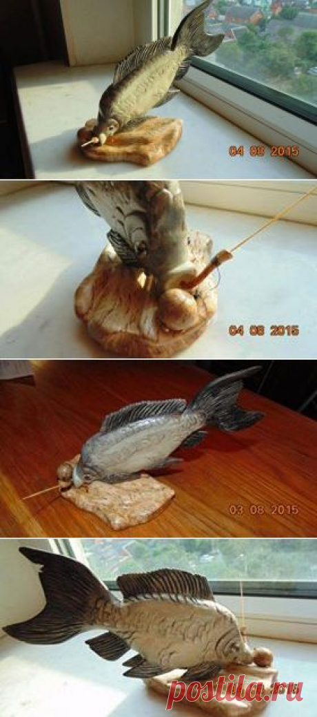 "Поклевка карпа".
Автор: Олег Яшкин
Липа, карельская береза, пробка, бамбук, ольха.
Размер: 22 х 15 см.