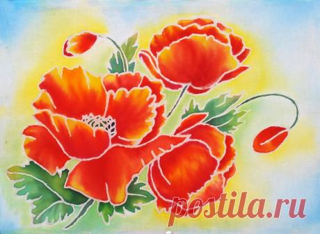 "Маки" панно в технике холодного батика на хлопке