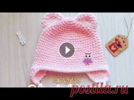 Детская шапочка крючком из плюшевой пряжи/детская плюшевая  шапка с ушками Детская шапочка крючком из плюшевой пряжи/детская плюшевая шапка с ушками...