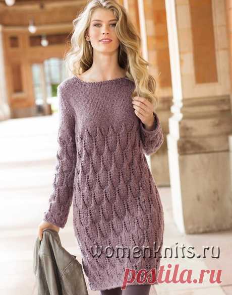 Платье спицами с узором из «листьев»
Описание: https://womanknits.ru/vyazanie-dlya-zhenshchin/platya-sarafany/plate-spicami-s-uzorom-iz-listev