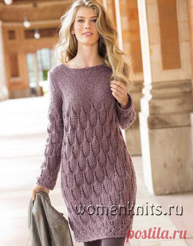 Платье спицами с узором из «листьев»
Описание: http://womanknits.ru/vyazanie-dlya-zhenshchin/platya-sarafany/plate-spicami-s-uzorom-iz-listev