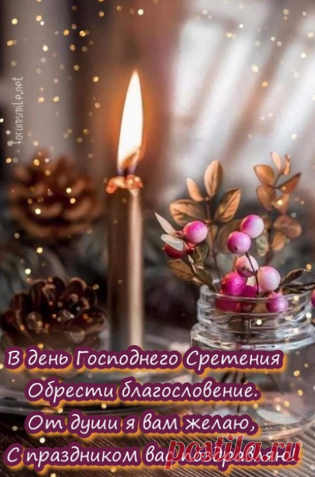 Нынче Сретенье Господне,
Встреча с Господом сегодня
Пусть подарит веры свет,
Чтоб избавить вас от бед.