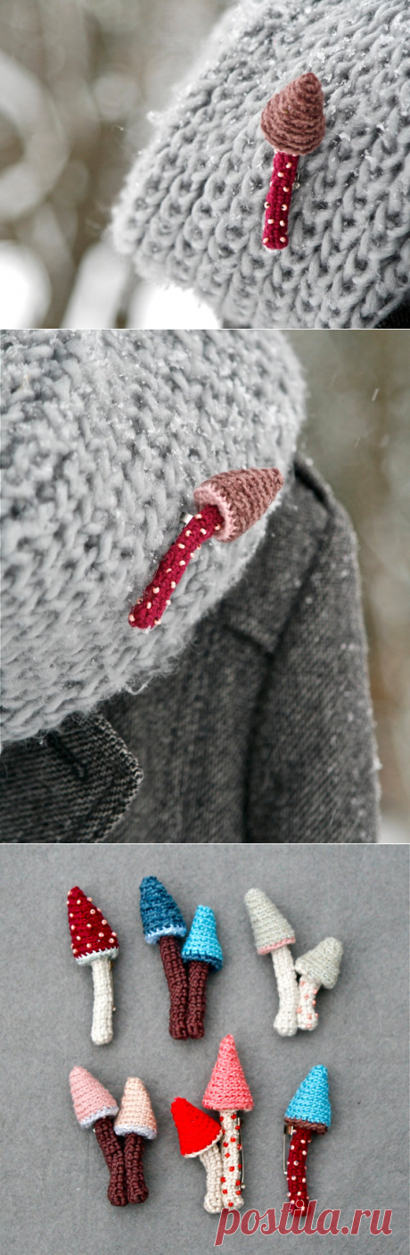 Mushroom crochet pin whimsical brooch cute jewelry