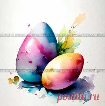 Two eggs painted in different colors, blue, pink and yellow. Watercolour style ai generative art. Стоковое AI-изображение, AI-художник Ilaronsia / Фотобанк Лори