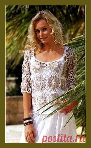 Пуловер из ажурных цветочных мотивов, связанных крючком. Схемы. / pautinka.3dn.ru