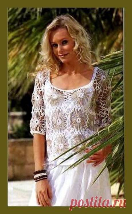 Пуловер из ажурных цветочных мотивов, связанных крючком. Схемы. / pautinka.3dn.ru