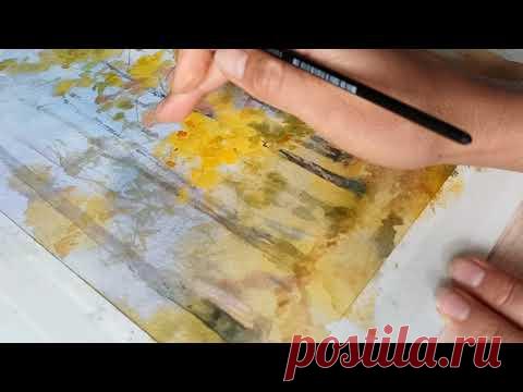 Осенний лес. Процесс рисования акварелью.
