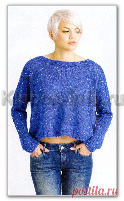 Вязание спицами для женщин. Однотонный молодежный короткий пуловер с застежкой на спине. Размеры: XS-S(M-L)XL-XXL