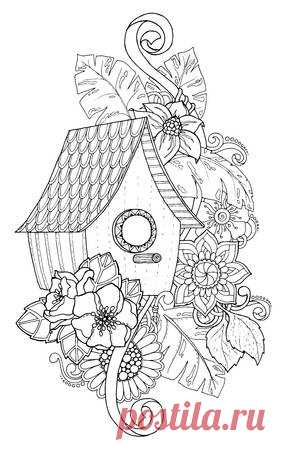 Black and white wood nesting box. Hand drawn outline nesting box decorated with floral ornament. Zentangle inspired pattern for coloring book pages for adults and kids, tattoo, poster. Boho style. 123RF - Миллионы стоковых фото, векторов, видео и музыки для Ваших проектов.