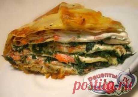 Выпечка и кулинария - рецепты с фото: Блинчатый пирог с копченым лососем,шпинатом и творожным кремом