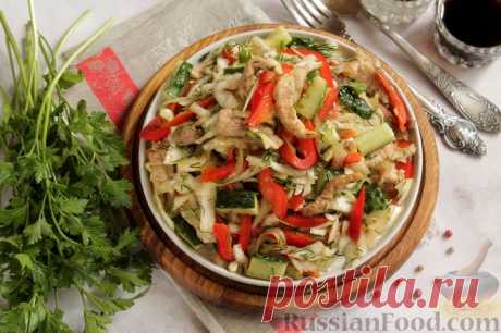 Рецепт: Салат из капусты с жареным мясом, болгарским перцем и огурцом на RussianFood.com