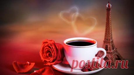 Широкоформатные обои сердце, красная, лепестки, роза, чашка, кофе, пар для рабочего стола 67331