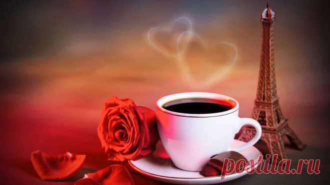 Широкоформатные обои сердце, красная, лепестки, роза, чашка, кофе, пар для рабочего стола 67331